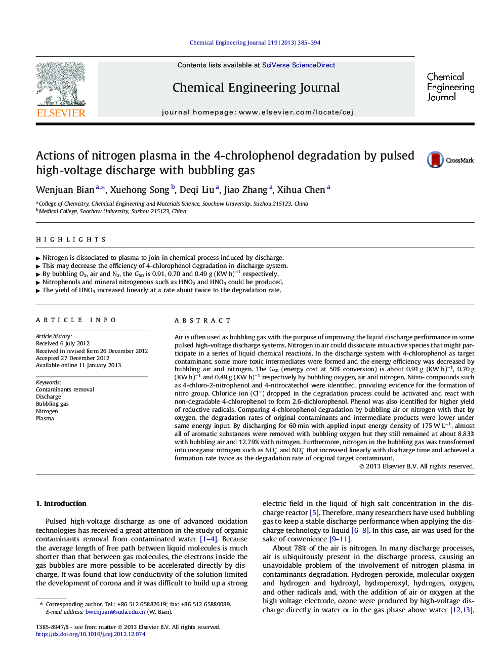 Actions of nitrogen plasma in the 4-chrolophenol degradation by pulsed high-voltage discharge with bubbling gas