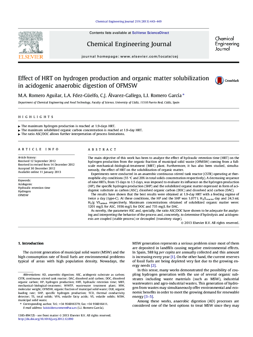 عکس صفحه اول مقاله: Effect of HRT on hydrogen production and organic matter solubilization in acidogenic anaerobic digestion of OFMSW Effect of HRT on hydrogen production and organic matter solubilization in acidogenic anaerobic digestion of OFMSW