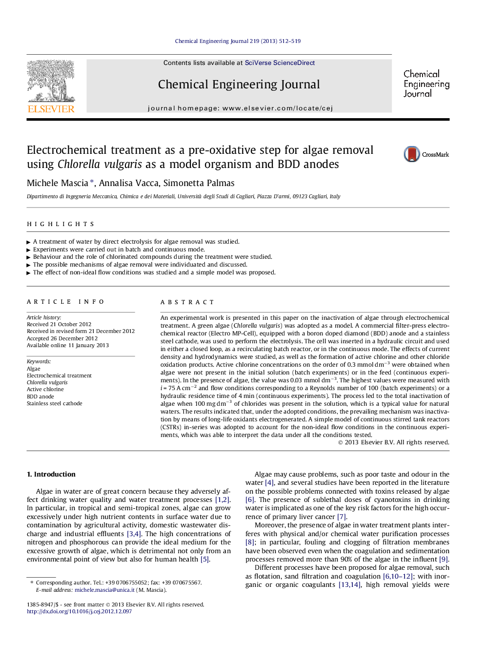 Electrochemical treatment as a pre-oxidative step for algae removal using Chlorella vulgaris as a model organism and BDD anodes