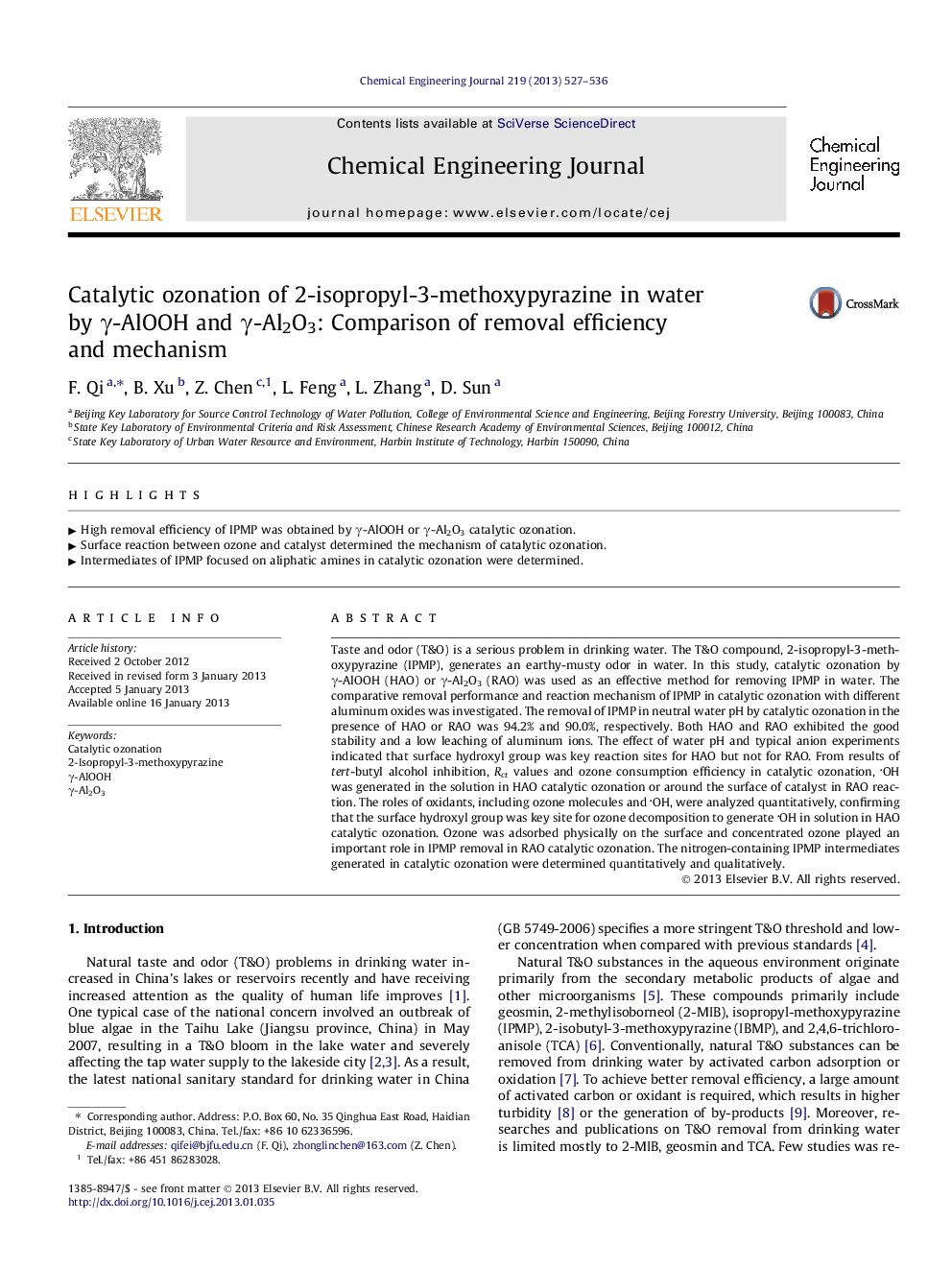 Catalytic ozonation of 2-isopropyl-3-methoxypyrazine in water by γ-AlOOH and γ-Al2O3: Comparison of removal efficiency and mechanism