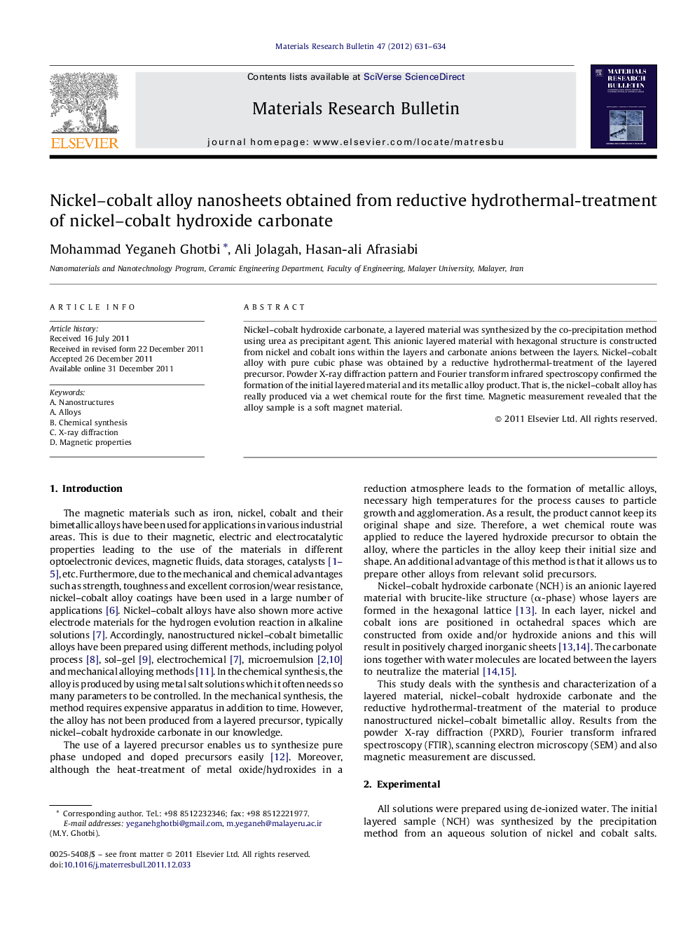 Nickel–cobalt alloy nanosheets obtained from reductive hydrothermal-treatment of nickel–cobalt hydroxide carbonate