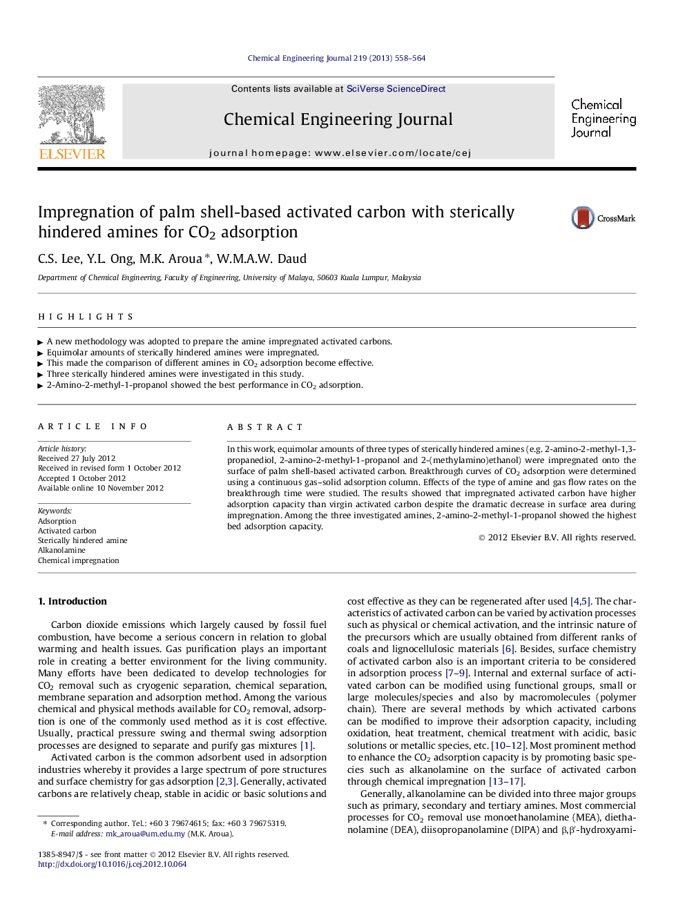 Impregnation of palm shell-based activated carbon with sterically hindered amines for CO2 adsorption