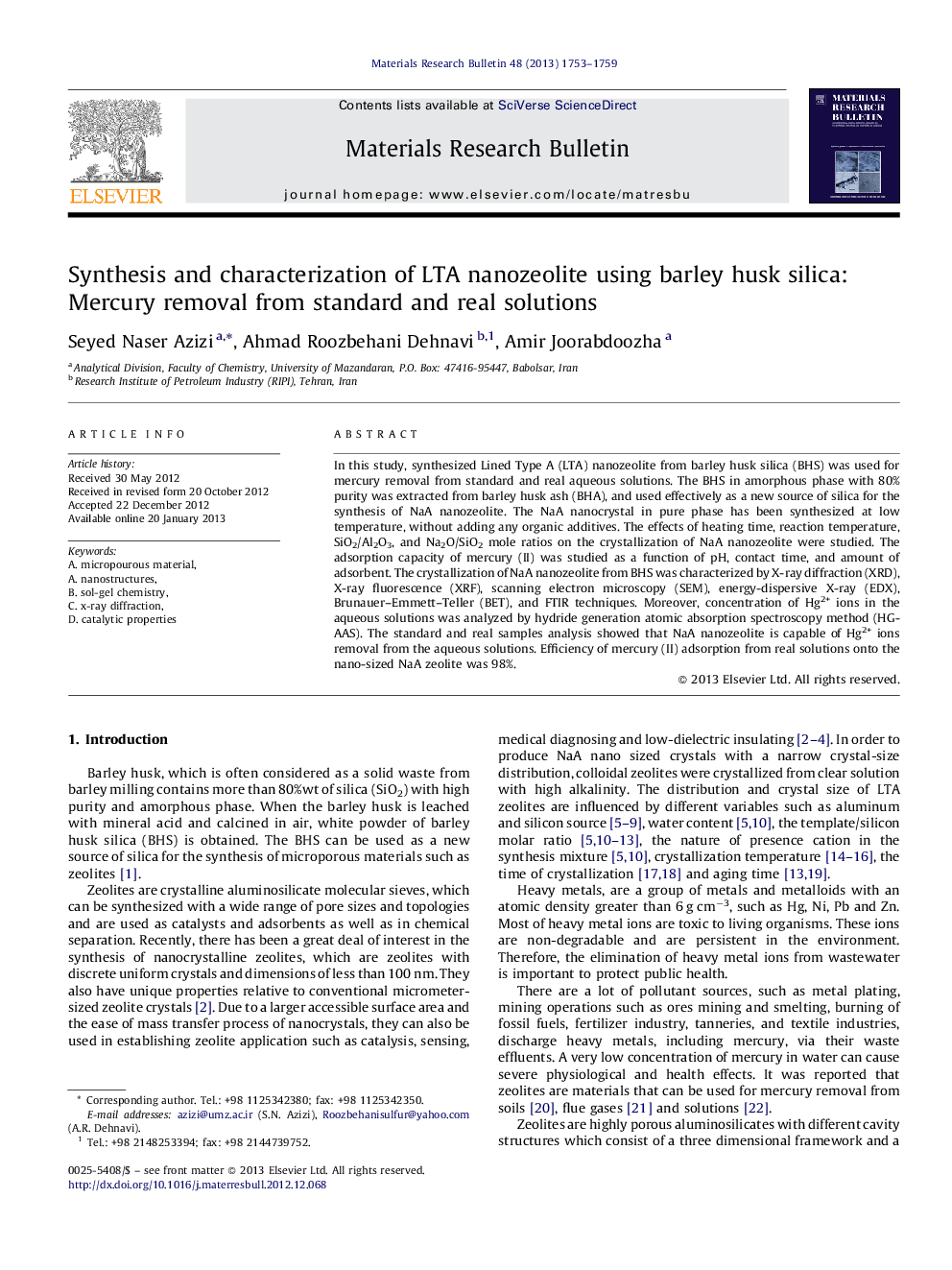 Synthesis and characterization of LTA nanozeolite using barley husk silica: Mercury removal from standard and real solutions