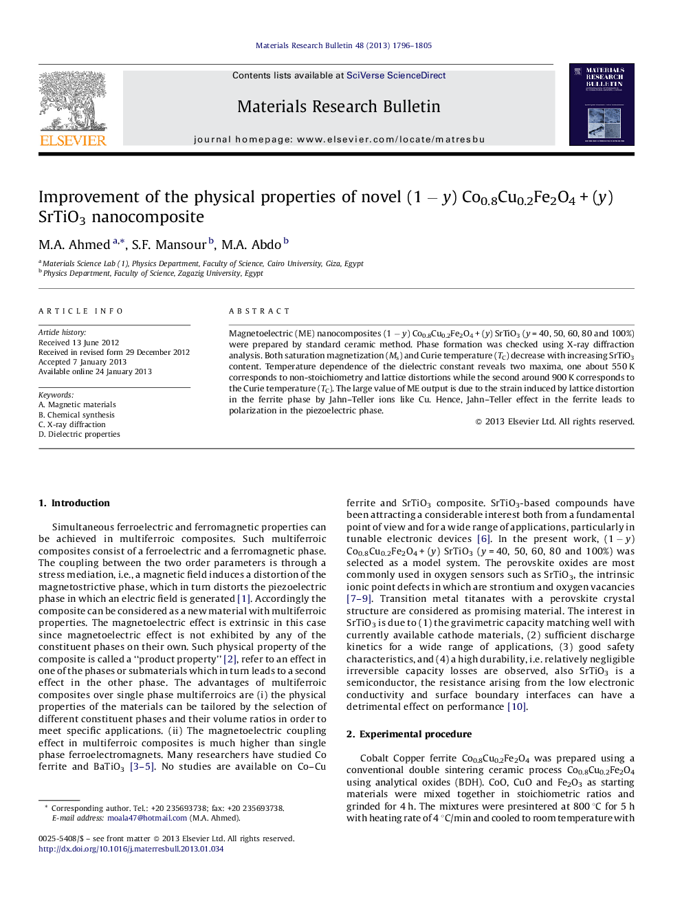 Improvement of the physical properties of novel (1 − y) Co0.8Cu0.2Fe2O4 + (y) SrTiO3 nanocomposite