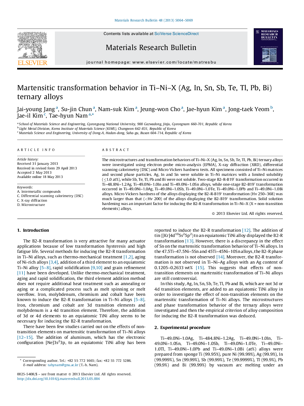 Martensitic transformation behavior in Ti–Ni–X (Ag, In, Sn, Sb, Te, Tl, Pb, Bi) ternary alloys