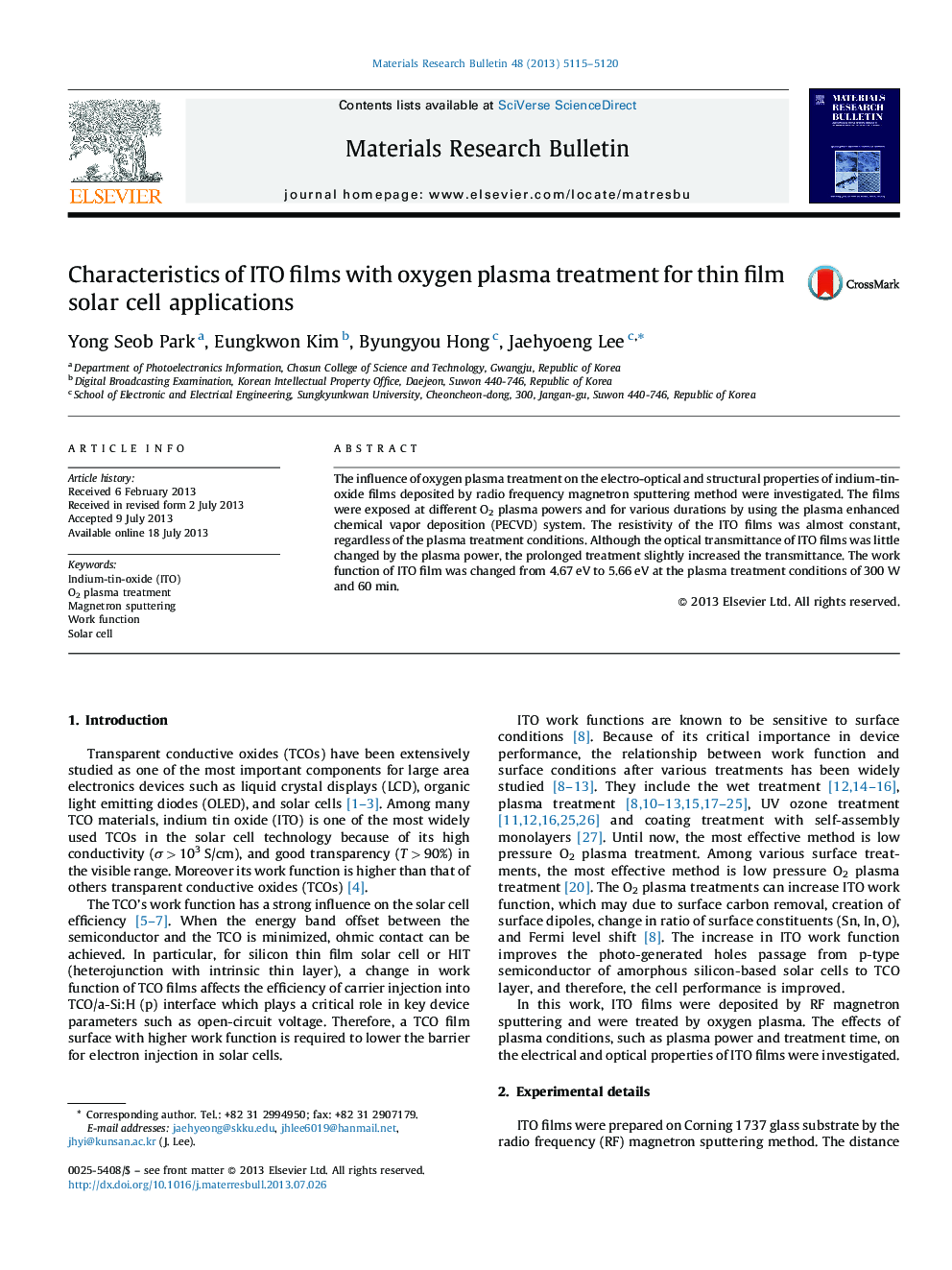 Characteristics of ITO films with oxygen plasma treatment for thin film solar cell applications