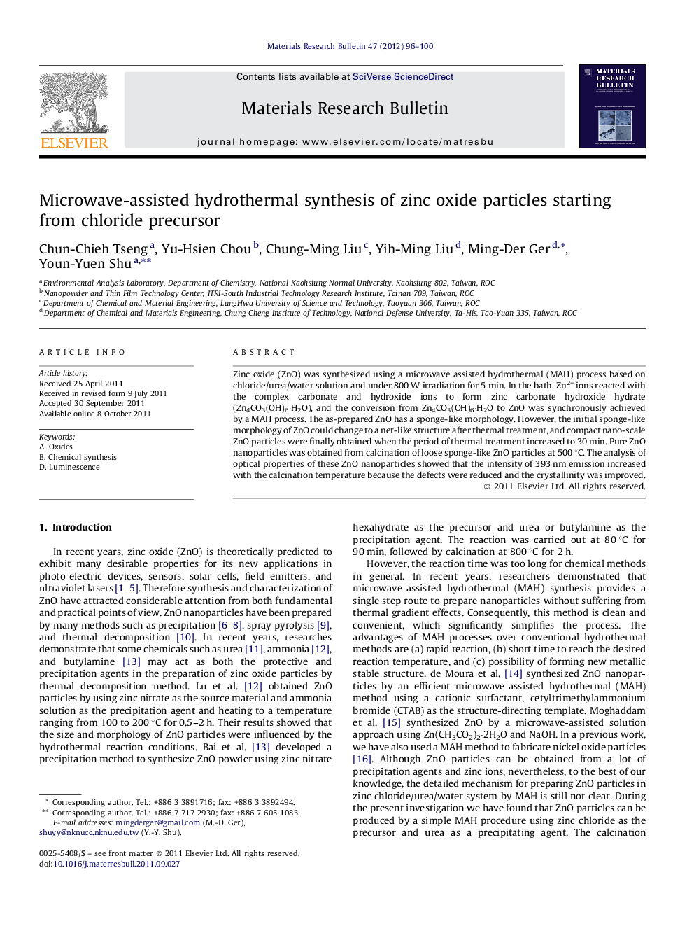 Microwave-assisted hydrothermal synthesis of zinc oxide particles starting from chloride precursor