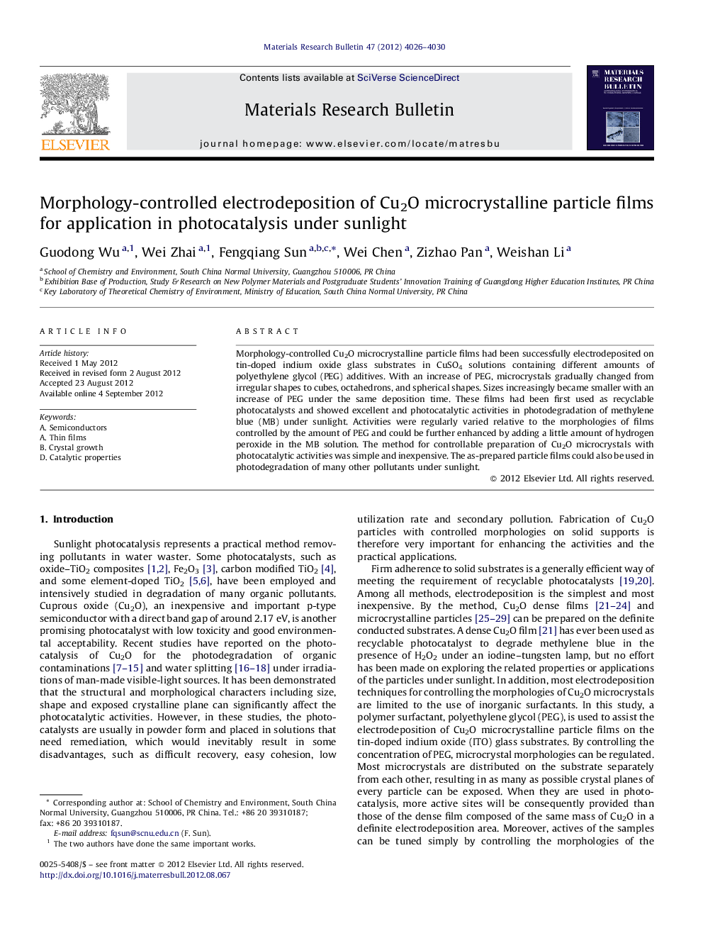 Morphology-controlled electrodeposition of Cu2O microcrystalline particle films for application in photocatalysis under sunlight