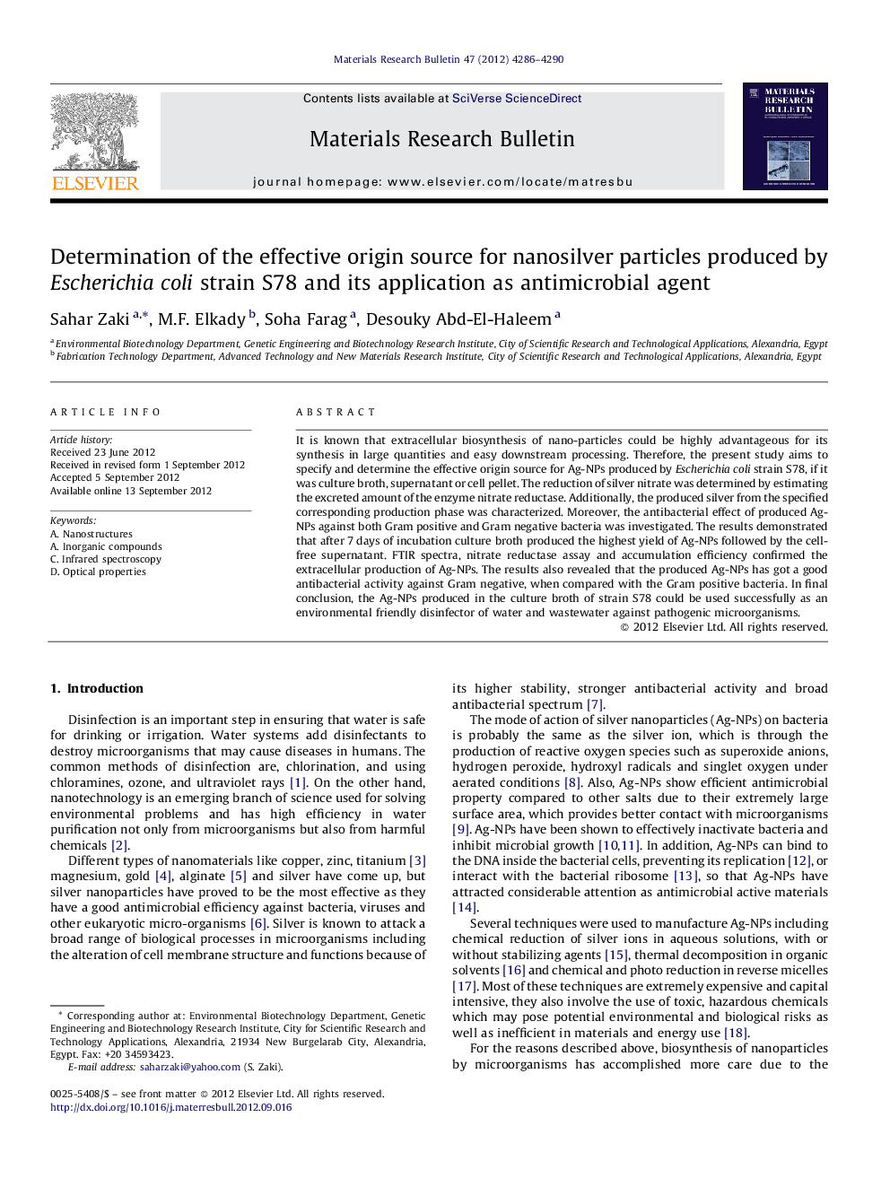 Determination of the effective origin source for nanosilver particles produced by Escherichia coli strain S78 and its application as antimicrobial agent