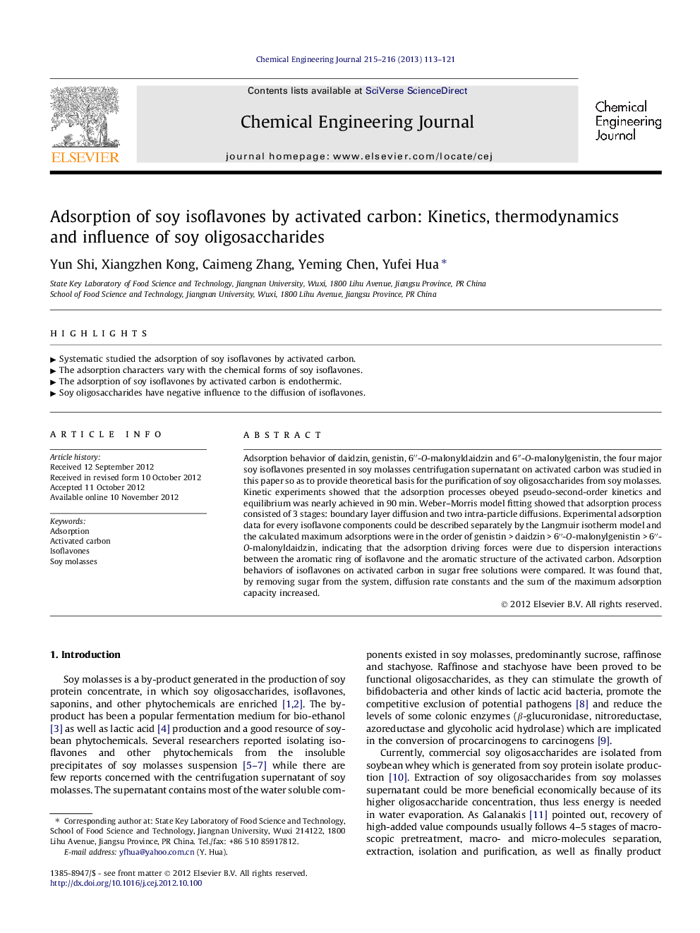 Adsorption of soy isoflavones by activated carbon: Kinetics, thermodynamics and influence of soy oligosaccharides