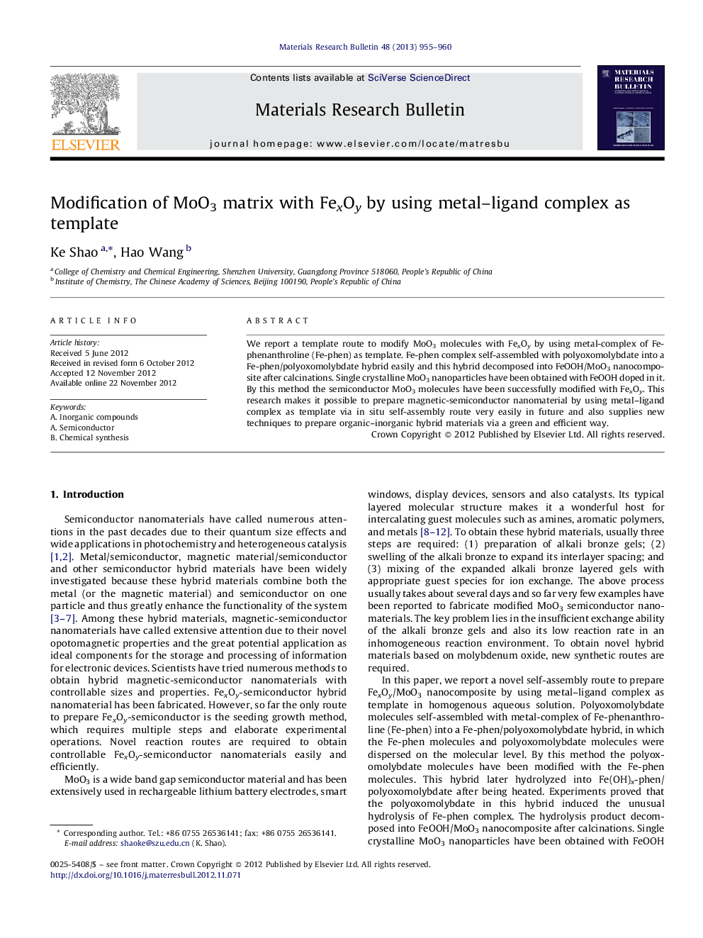 Modification of MoO3 matrix with FexOy by using metal–ligand complex as template