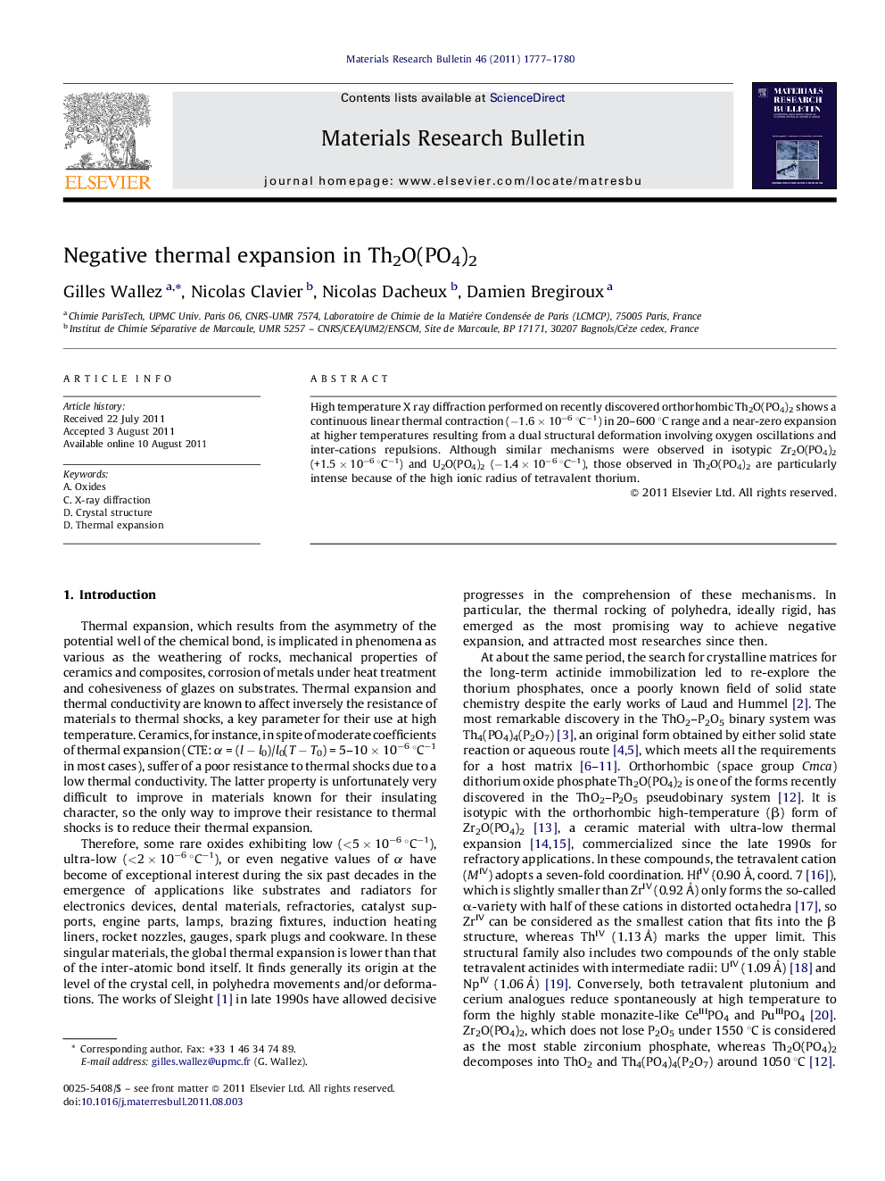 Negative thermal expansion in Th2O(PO4)2