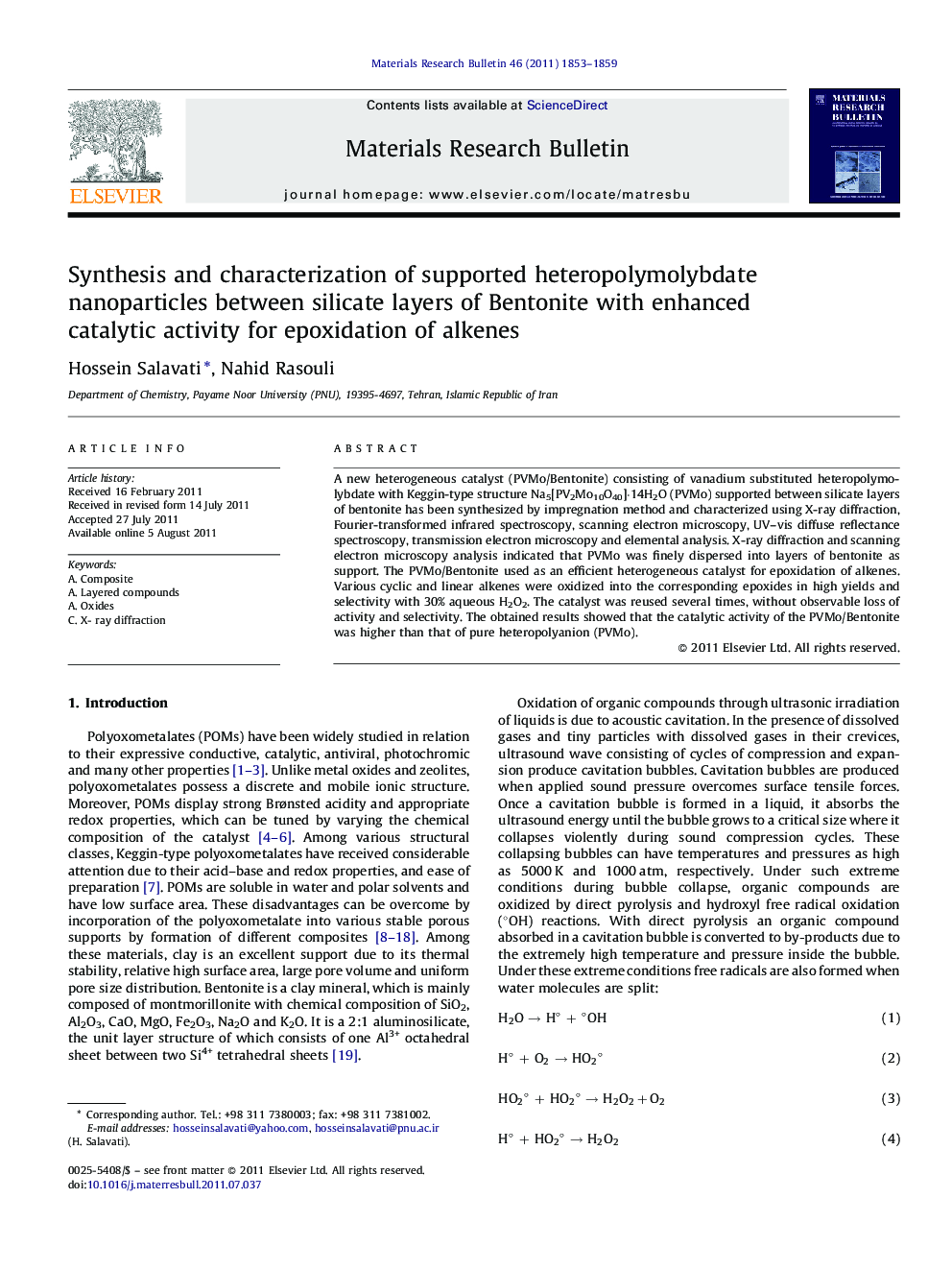 Synthesis and characterization of supported heteropolymolybdate nanoparticles between silicate layers of Bentonite with enhanced catalytic activity for epoxidation of alkenes