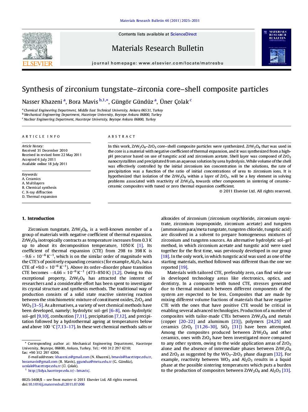 Synthesis of zirconium tungstate–zirconia core–shell composite particles