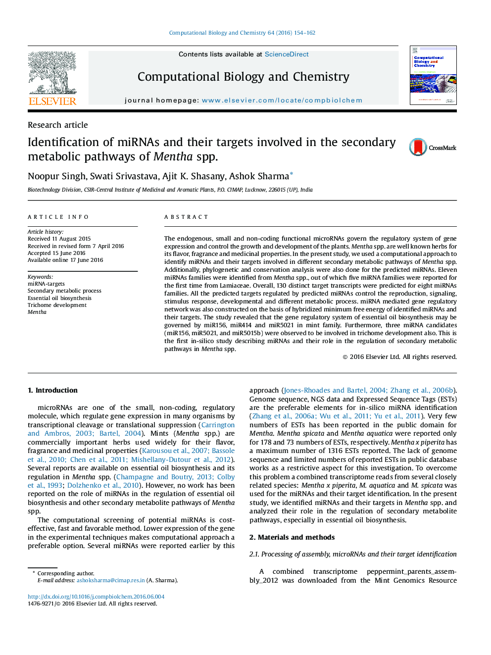 Identification of miRNAs and their targets involved in the secondary metabolic pathways of Mentha spp.