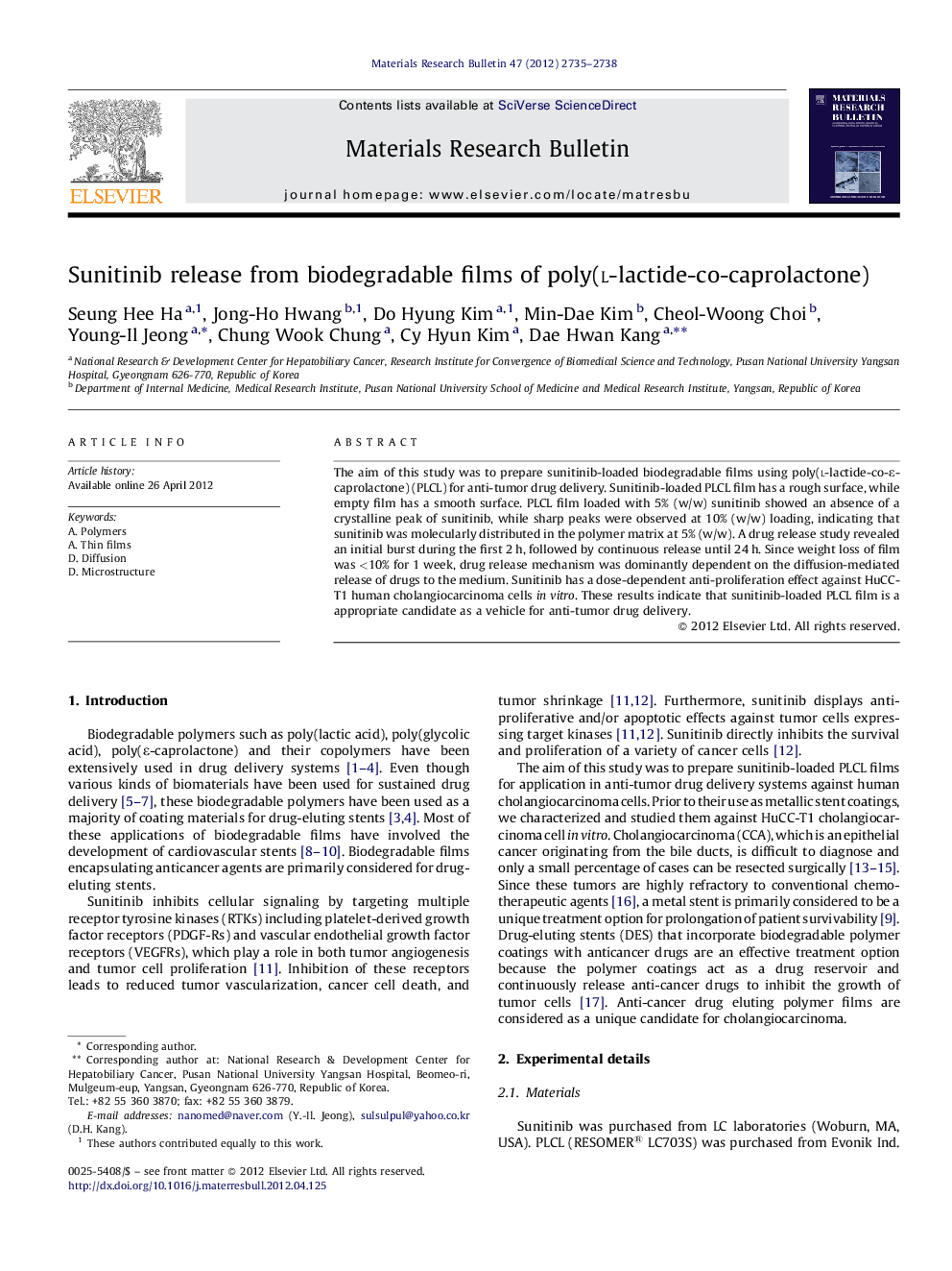 Sunitinib release from biodegradable films of poly(l-lactide-co-caprolactone)