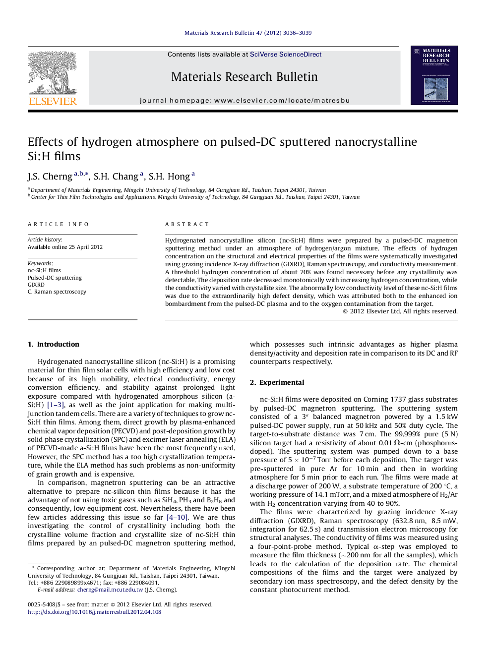 Effects of hydrogen atmosphere on pulsed-DC sputtered nanocrystalline Si:H films