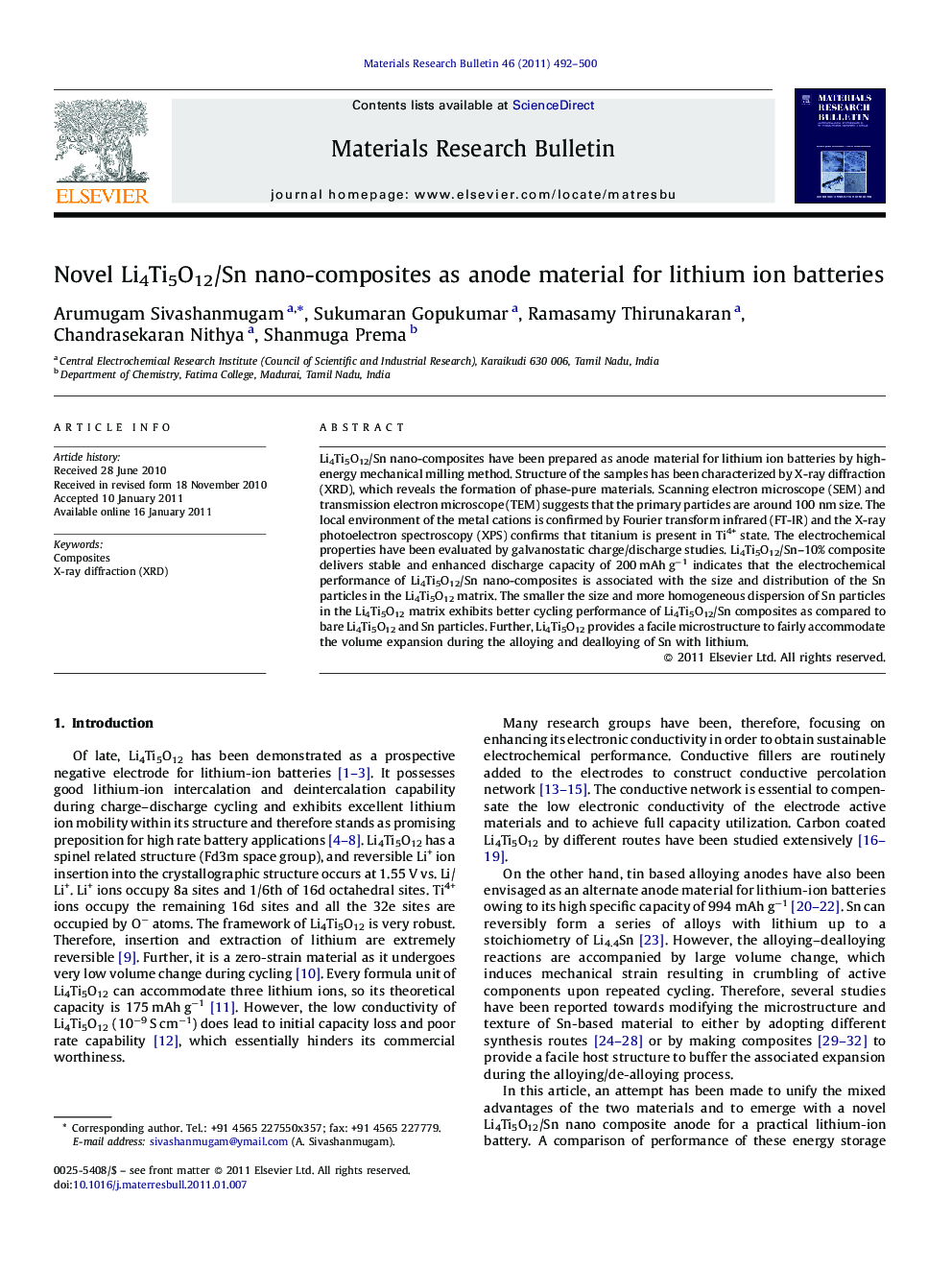 Novel Li4Ti5O12/Sn nano-composites as anode material for lithium ion batteries