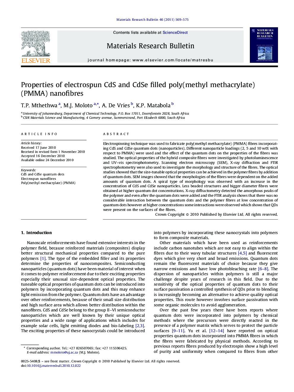 Properties of electrospun CdS and CdSe filled poly(methyl methacrylate) (PMMA) nanofibres