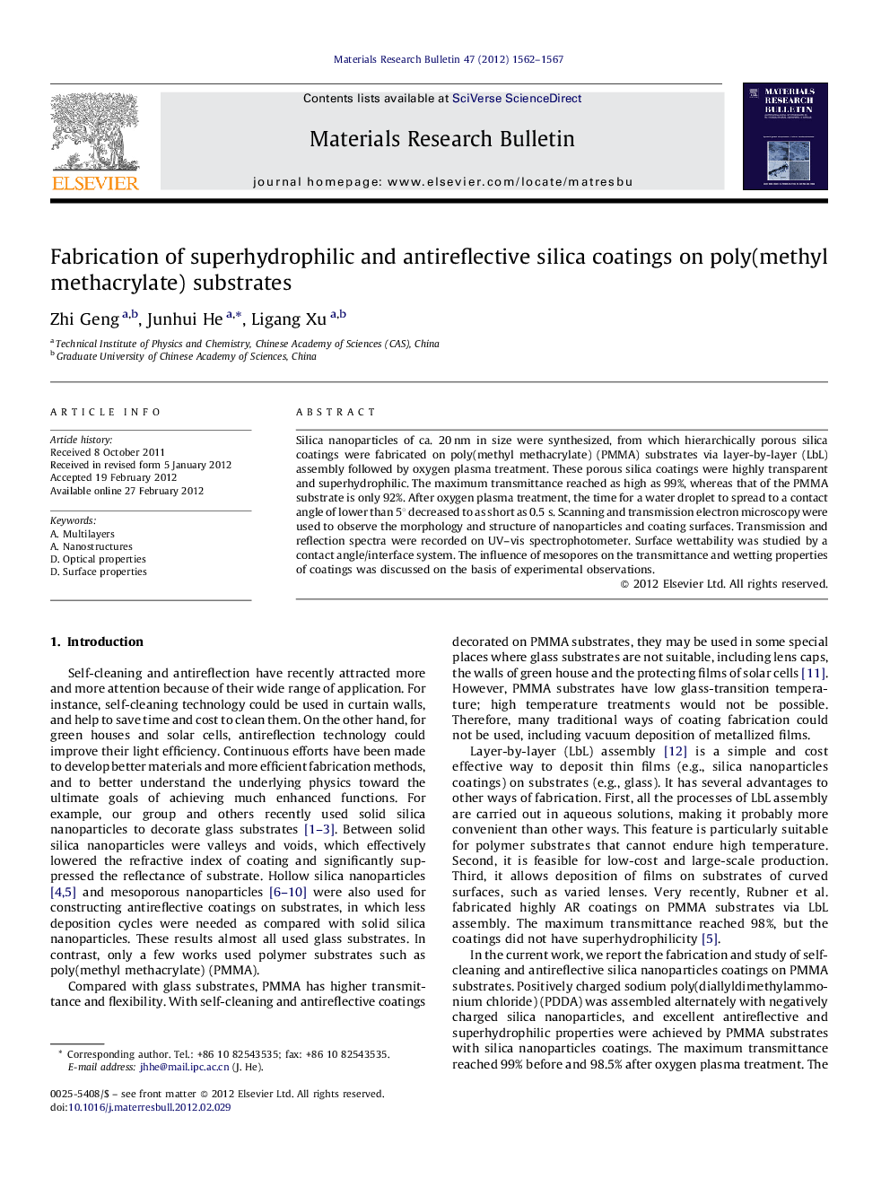 Fabrication of superhydrophilic and antireflective silica coatings on poly(methyl methacrylate) substrates