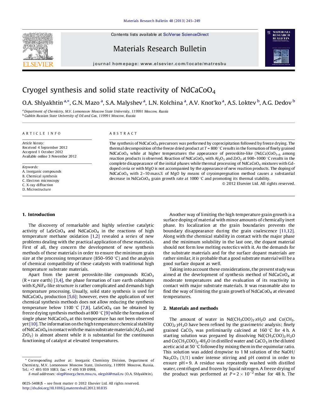 Cryogel synthesis and solid state reactivity of NdCaCoO4