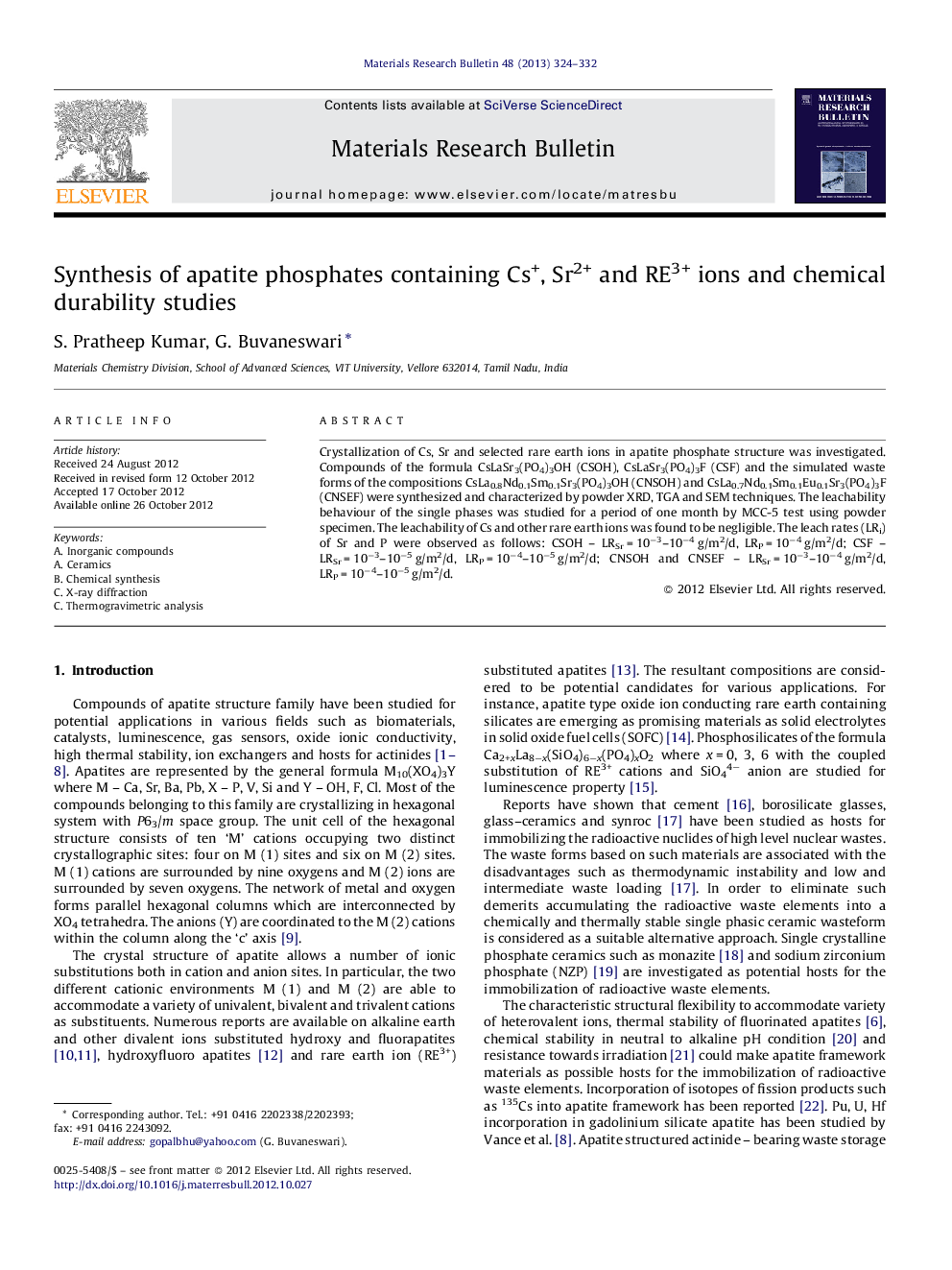 Synthesis of apatite phosphates containing Cs+, Sr2+ and RE3+ ions and chemical durability studies