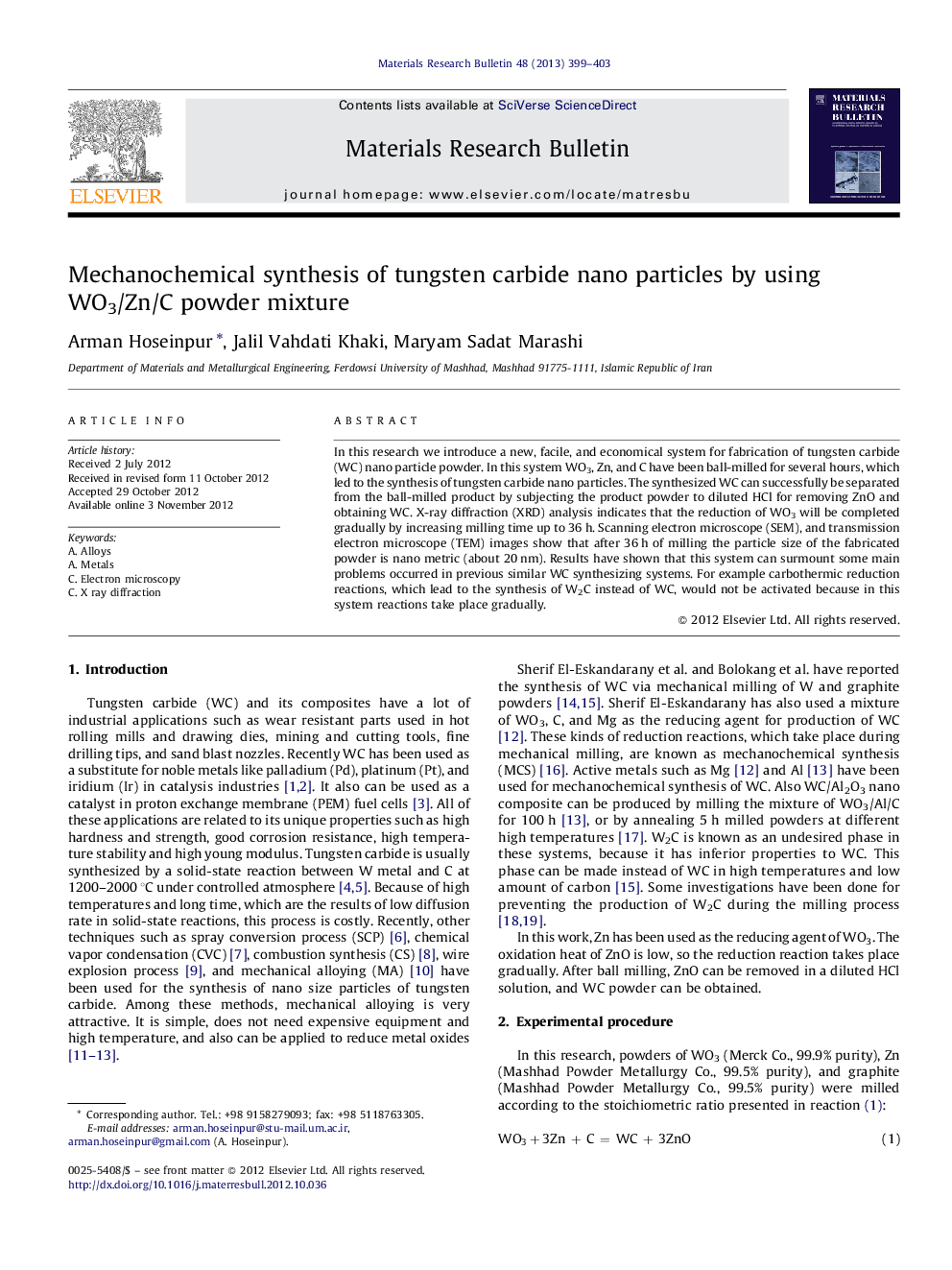 Mechanochemical synthesis of tungsten carbide nano particles by using WO3/Zn/C powder mixture