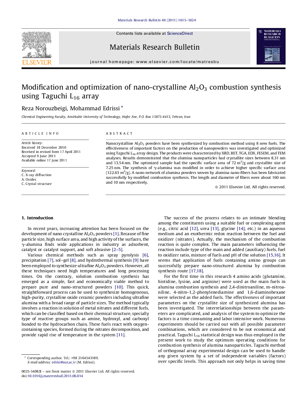 Modification and optimization of nano-crystalline Al2O3 combustion synthesis using Taguchi L16 array