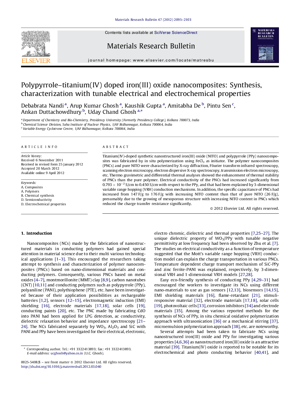 Polypyrrole–titanium(IV) doped iron(III) oxide nanocomposites: Synthesis, characterization with tunable electrical and electrochemical properties