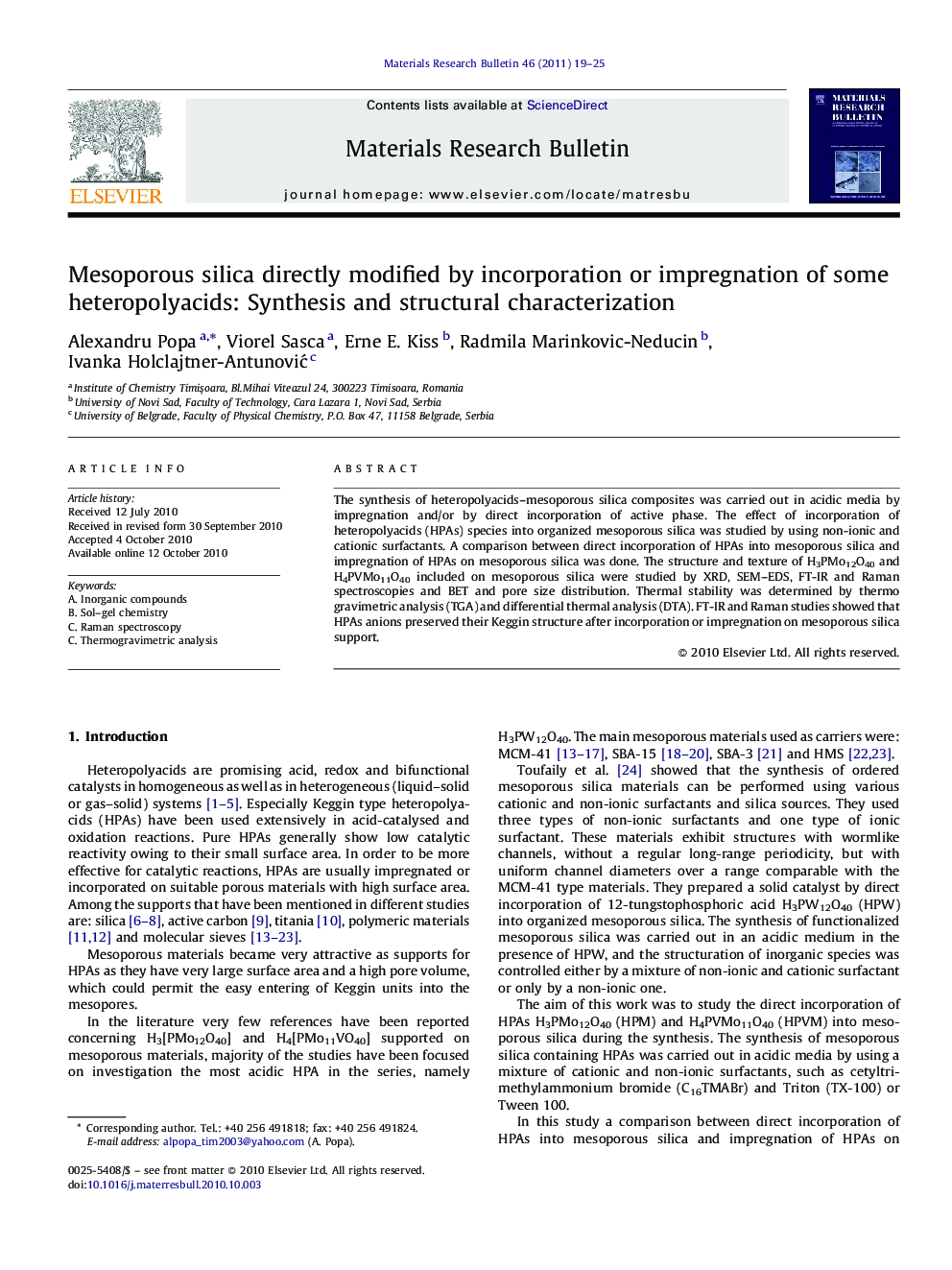 Mesoporous silica directly modified by incorporation or impregnation of some heteropolyacids: Synthesis and structural characterization