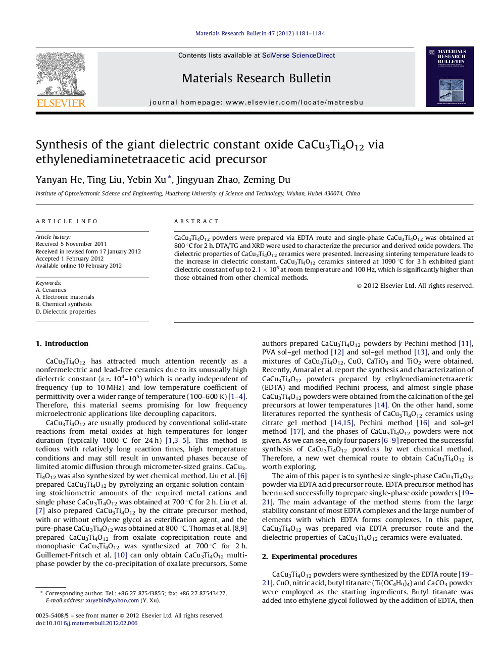 Synthesis of the giant dielectric constant oxide CaCu3Ti4O12 via ethylenediaminetetraacetic acid precursor