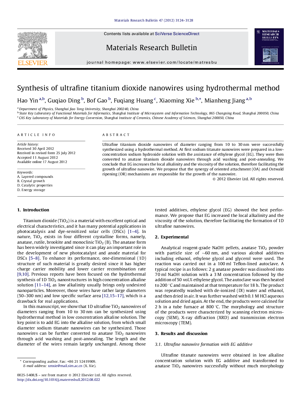 Synthesis of ultrafine titanium dioxide nanowires using hydrothermal method