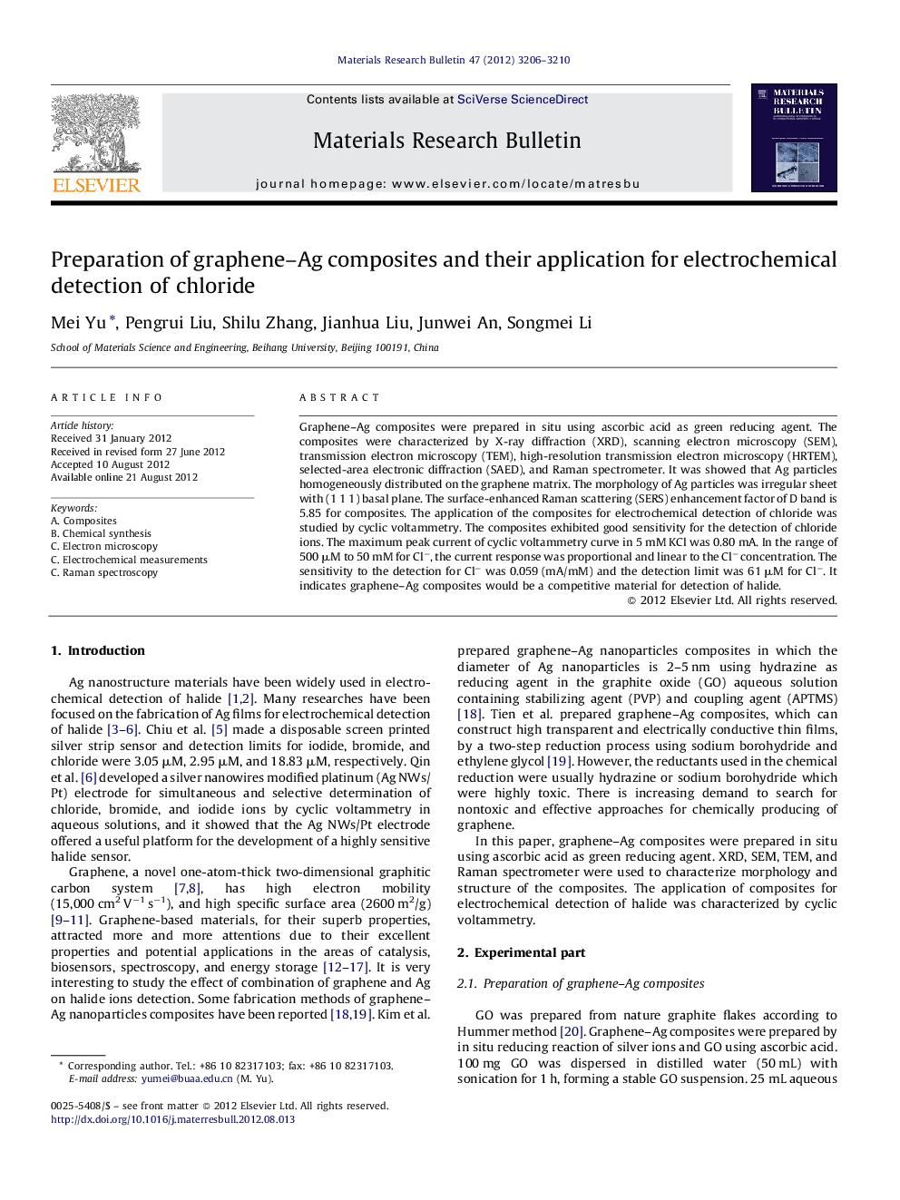 عکس صفحه اول مقاله: Preparation of graphene–Ag composites and their application for electrochemical detection of chloride Preparation of graphene–Ag composites and their application for electrochemical detection of chloride