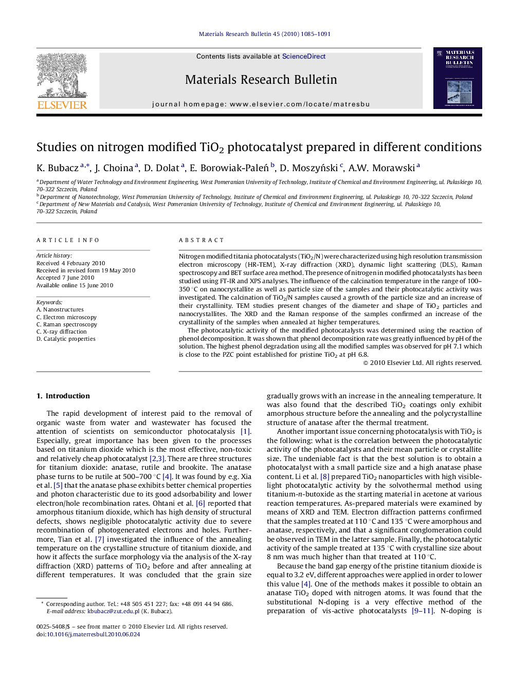 Studies on nitrogen modified TiO2 photocatalyst prepared in different conditions