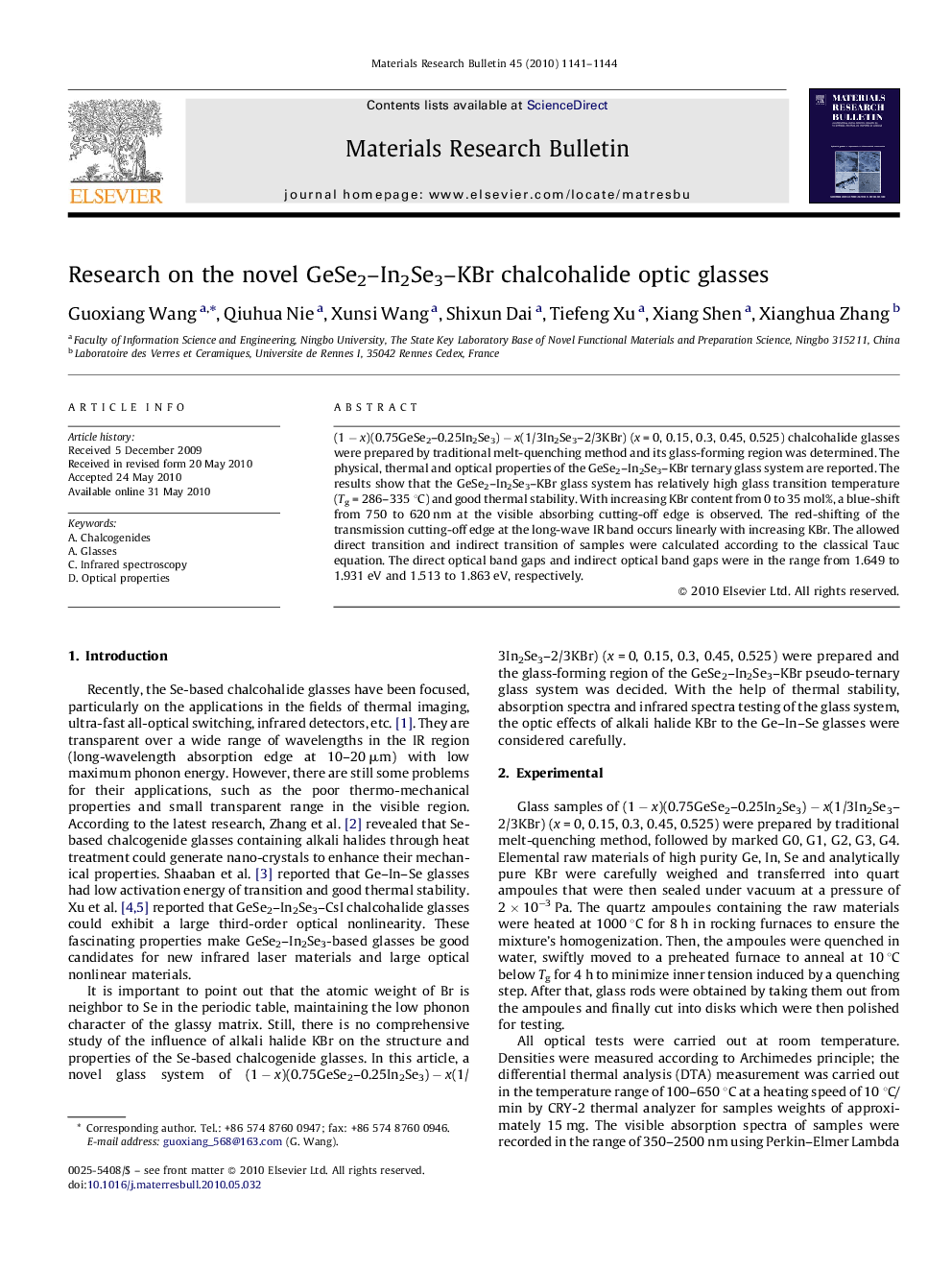 Research on the novel GeSe2–In2Se3–KBr chalcohalide optic glasses