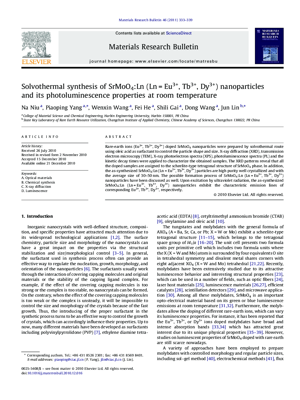 Solvothermal synthesis of SrMoO4:Ln (Ln = Eu3+, Tb3+, Dy3+) nanoparticles and its photoluminescence properties at room temperature