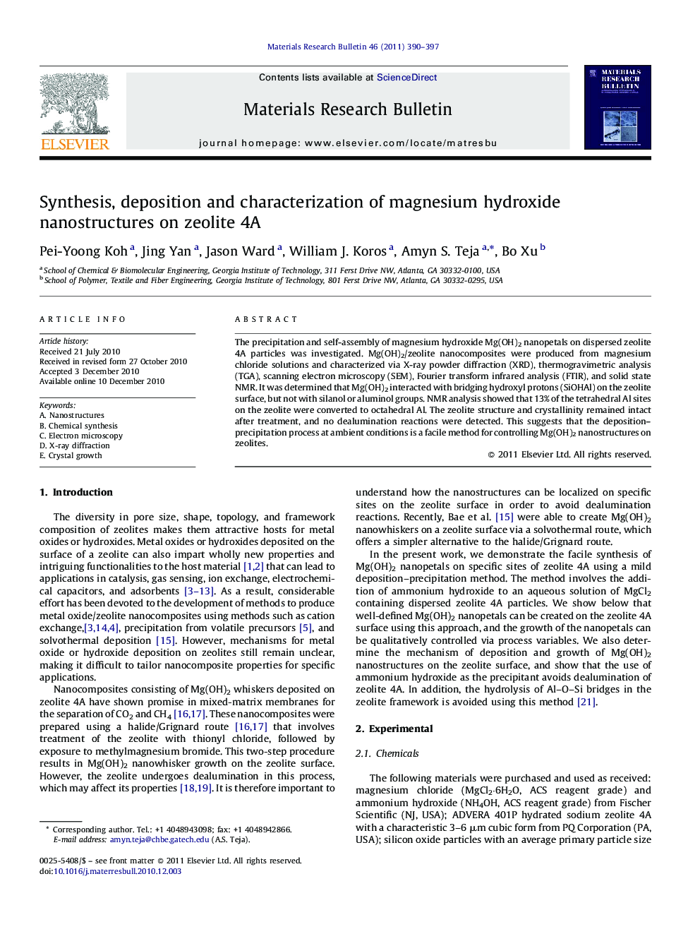 Synthesis, deposition and characterization of magnesium hydroxide nanostructures on zeolite 4A