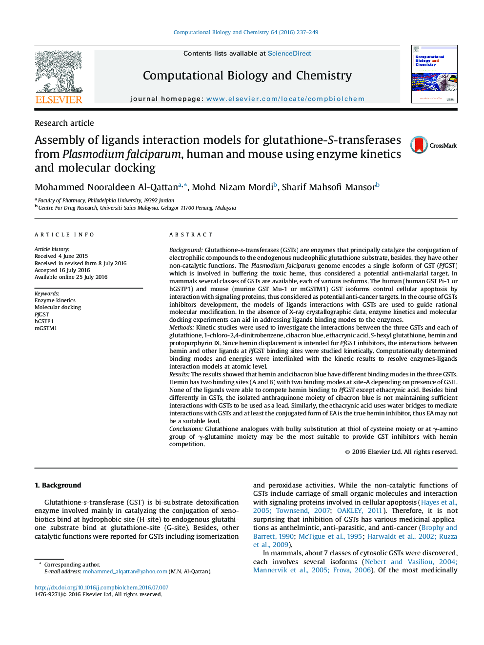 Assembly of ligands interaction models for glutathione-S-transferases from Plasmodium falciparum, human and mouse using enzyme kinetics and molecular docking