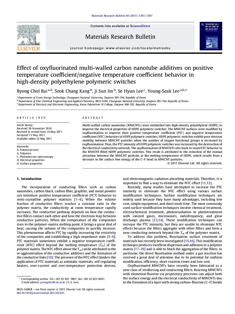 Effect of oxyfluorinated multi-walled carbon nanotube additives on positive temperature coefficient/negative temperature coefficient behavior in high-density polyethylene polymeric switches