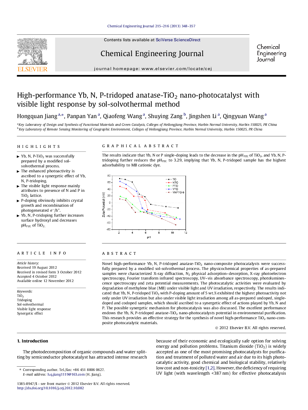عکس صفحه اول مقاله: High-performance Yb, N, P-tridoped anatase-TiO2 nano-photocatalyst with visible light response by sol-solvothermal method High-performance Yb, N, P-tridoped anatase-TiO2 nano-photocatalyst with visible light response by sol-solvothermal method