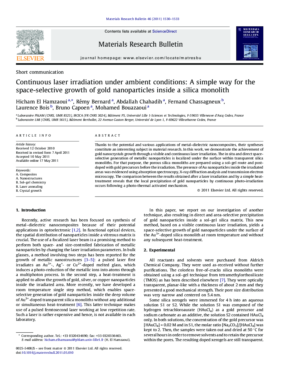 Continuous laser irradiation under ambient conditions: A simple way for the space-selective growth of gold nanoparticles inside a silica monolith