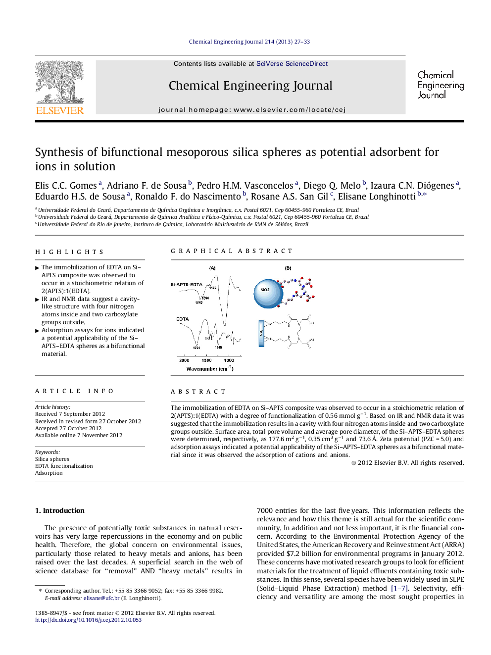 Synthesis of bifunctional mesoporous silica spheres as potential adsorbent for ions in solution