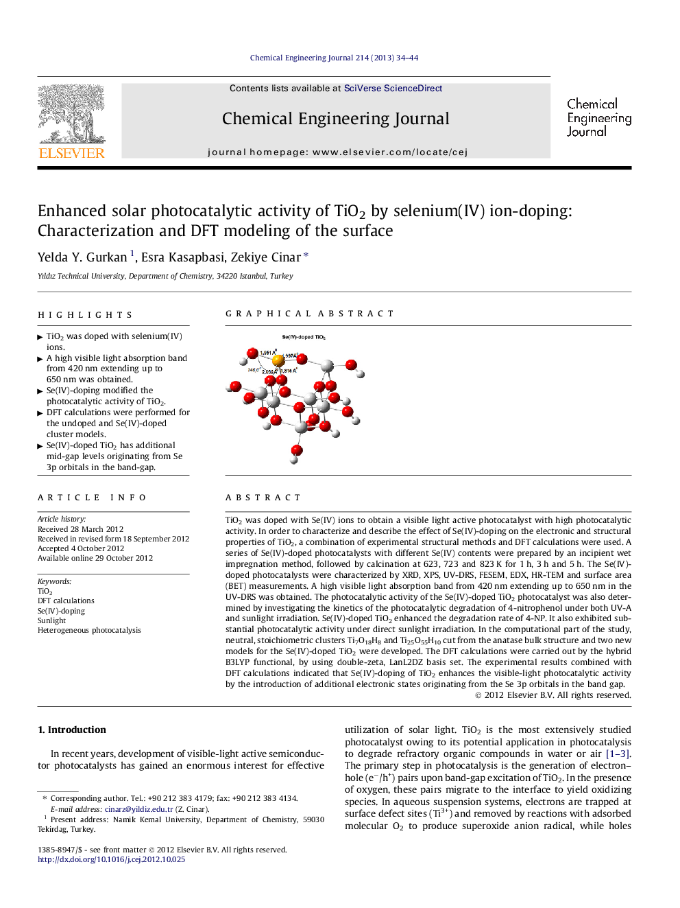 Enhanced solar photocatalytic activity of TiO2 by selenium(IV) ion-doping: Characterization and DFT modeling of the surface