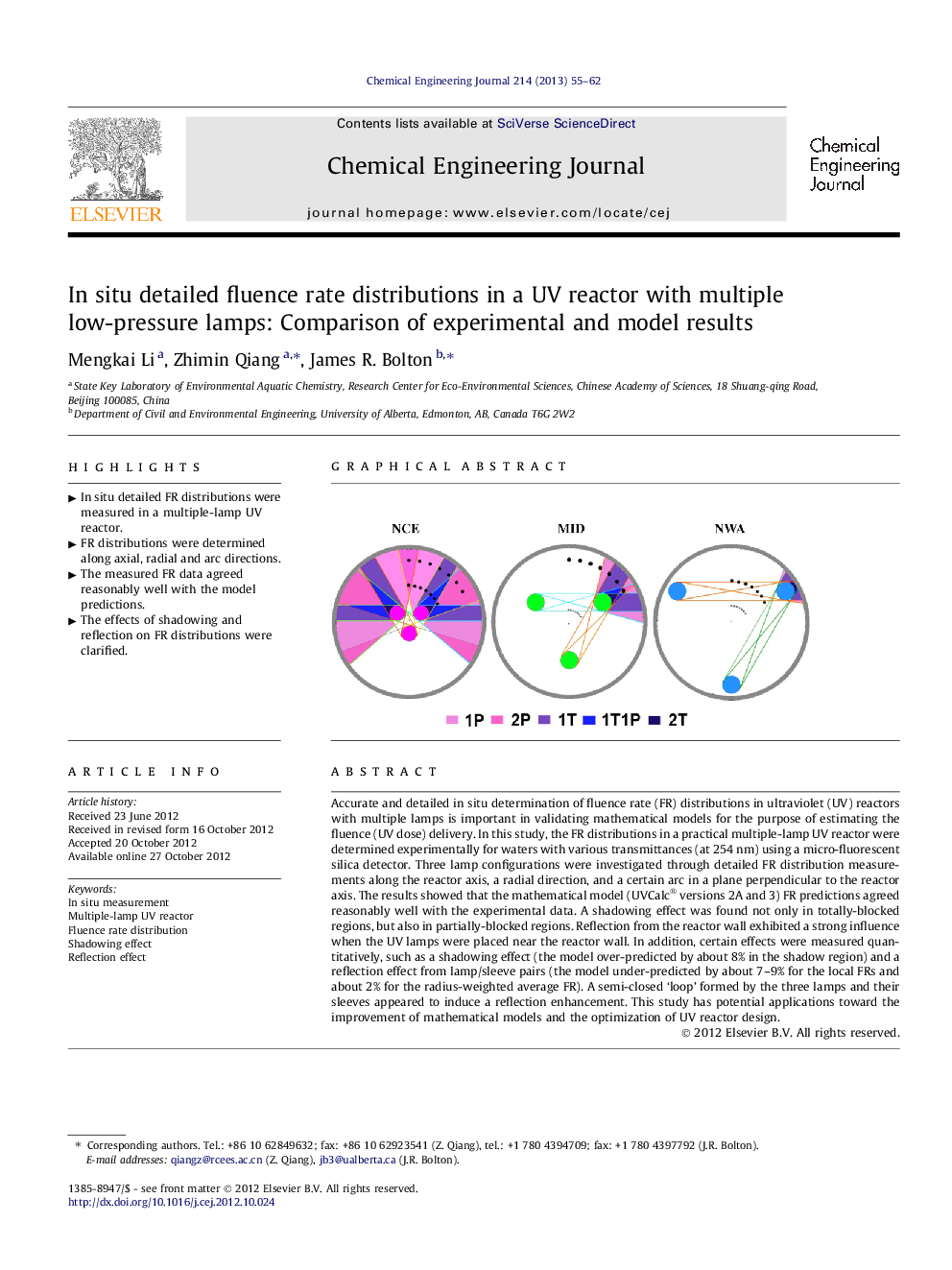عکس صفحه اول مقاله: In situ detailed fluence rate distributions in a UV reactor with multiple low-pressure lamps: Comparison of experimental and model results In situ detailed fluence rate distributions in a UV reactor with multiple low-pressure lamps: Comparison of experimental and model results