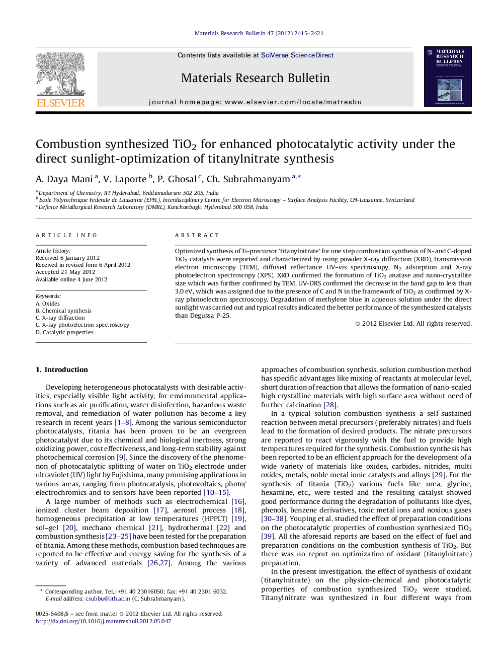 Combustion synthesized TiO2 for enhanced photocatalytic activity under the direct sunlight-optimization of titanylnitrate synthesis