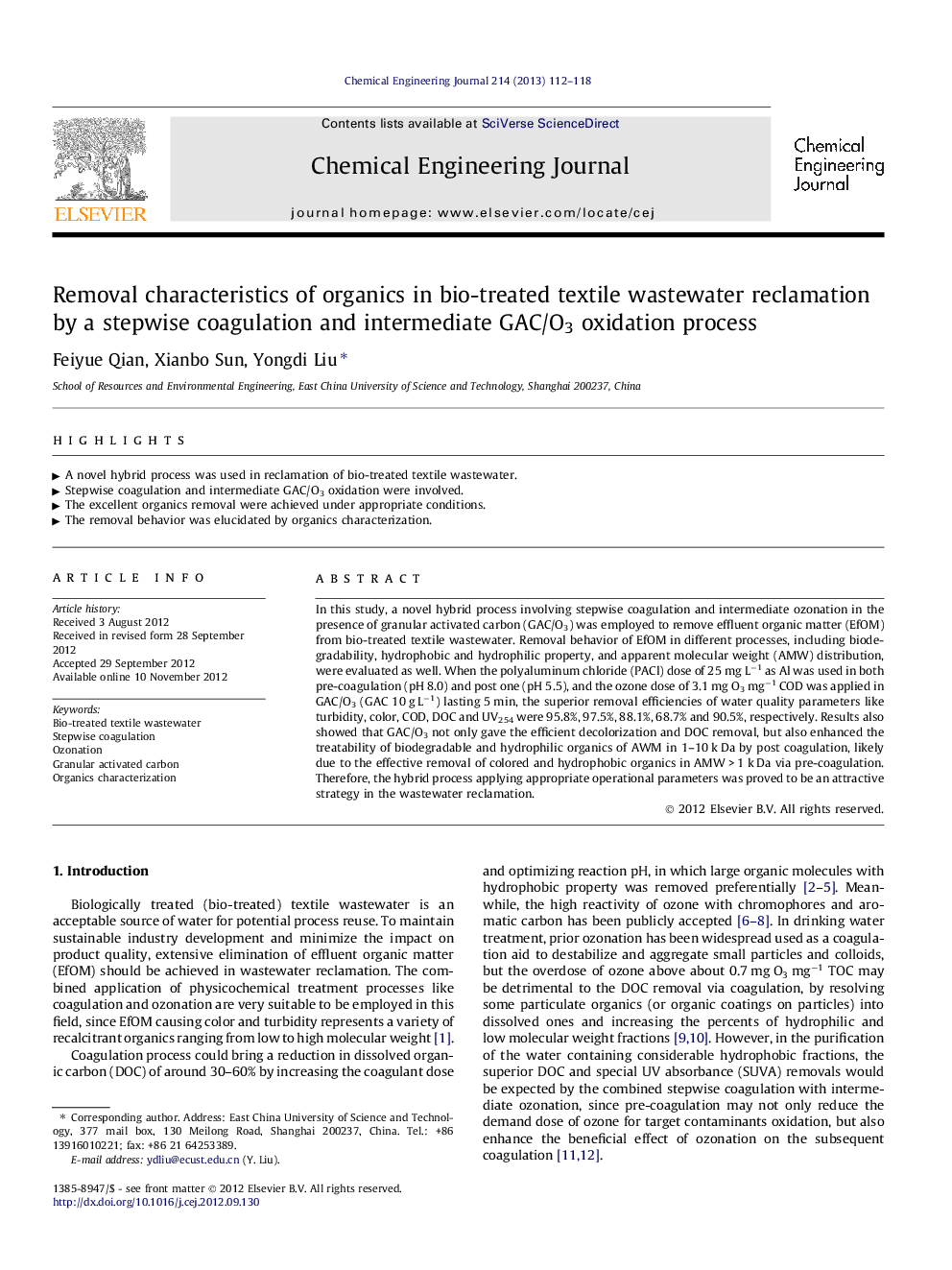 Removal characteristics of organics in bio-treated textile wastewater reclamation by a stepwise coagulation and intermediate GAC/O3 oxidation process