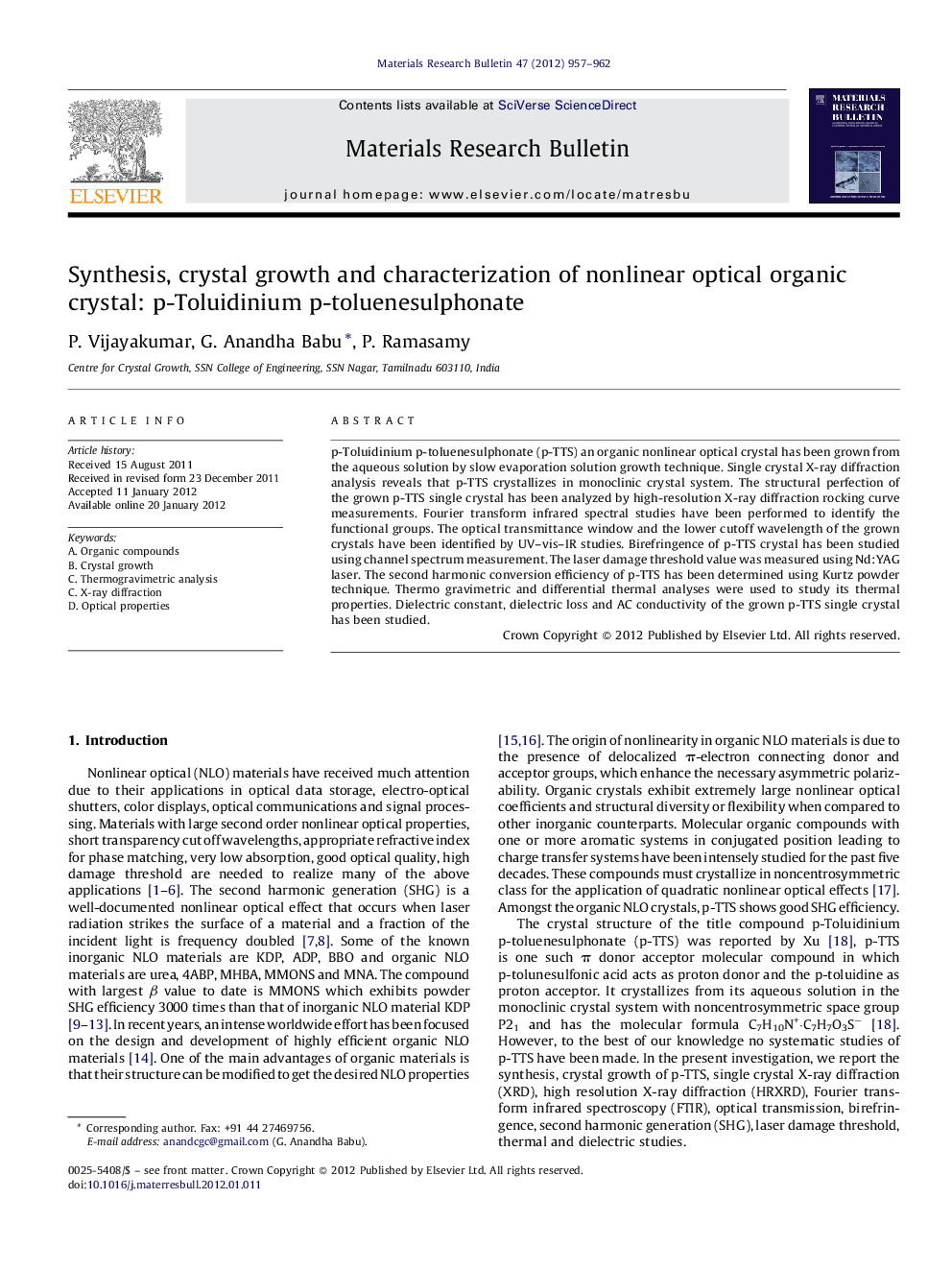 Synthesis, crystal growth and characterization of nonlinear optical organic crystal: p-Toluidinium p-toluenesulphonate