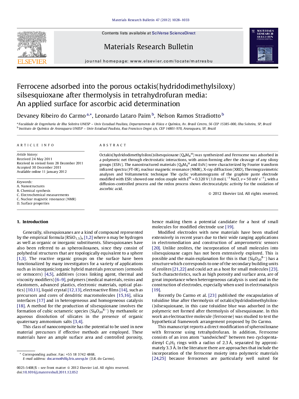 Ferrocene adsorbed into the porous octakis(hydridodimethylsiloxy)silsesquioxane after thermolysis in tetrahydrofuran media: An applied surface for ascorbic acid determination