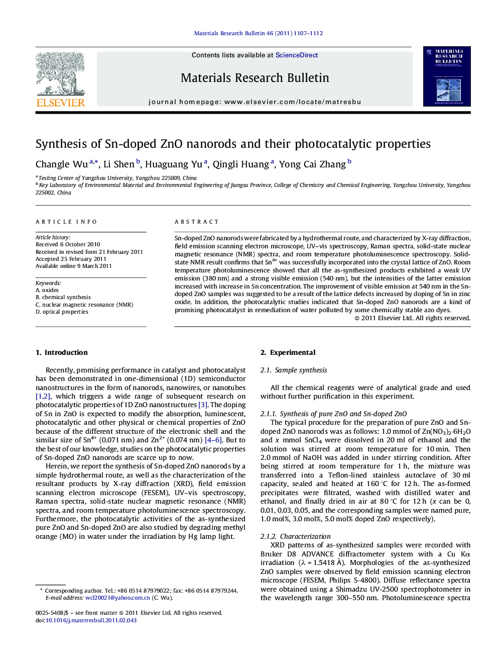 Synthesis of Sn-doped ZnO nanorods and their photocatalytic properties