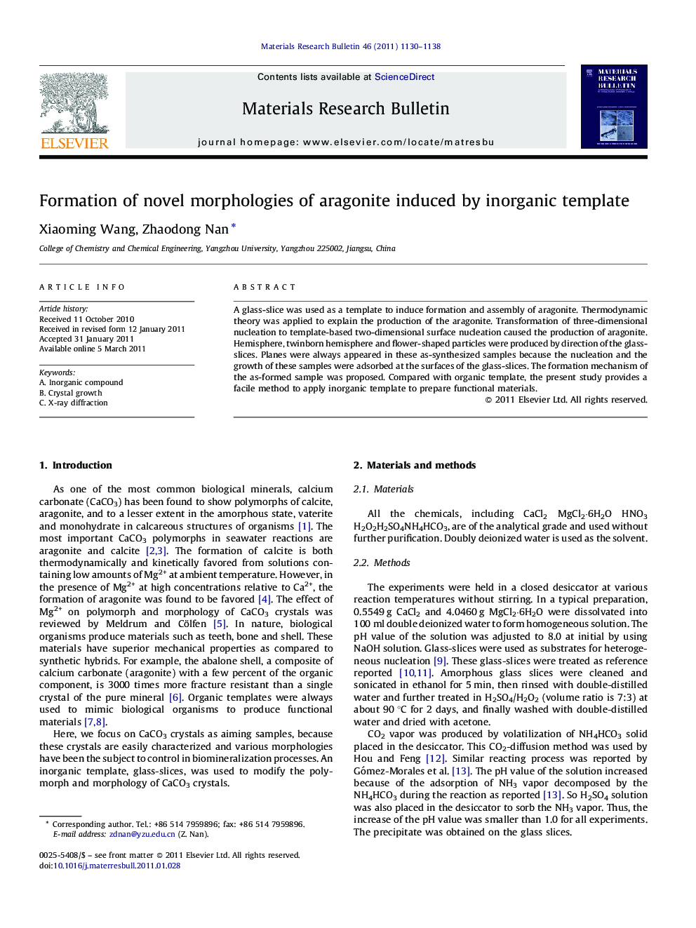 Formation of novel morphologies of aragonite induced by inorganic template